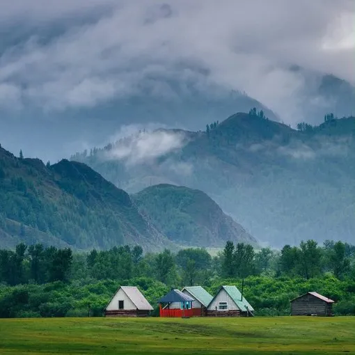 Cabins below misty mountains